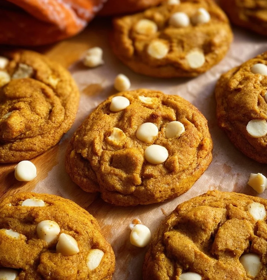 Delicious Pumpkin White Chocolate Chip Cookies on a plate