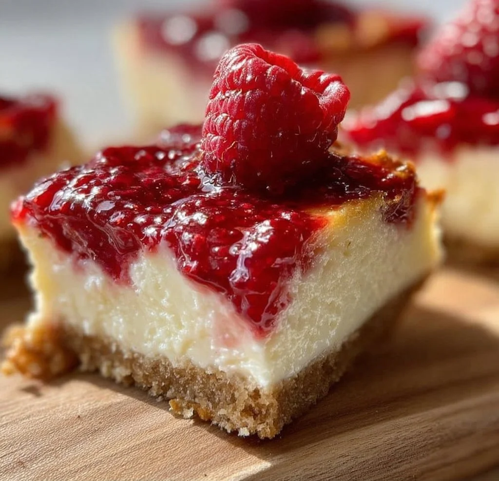 Delicious Raspberry Cheesecake Bars topped with fresh raspberries