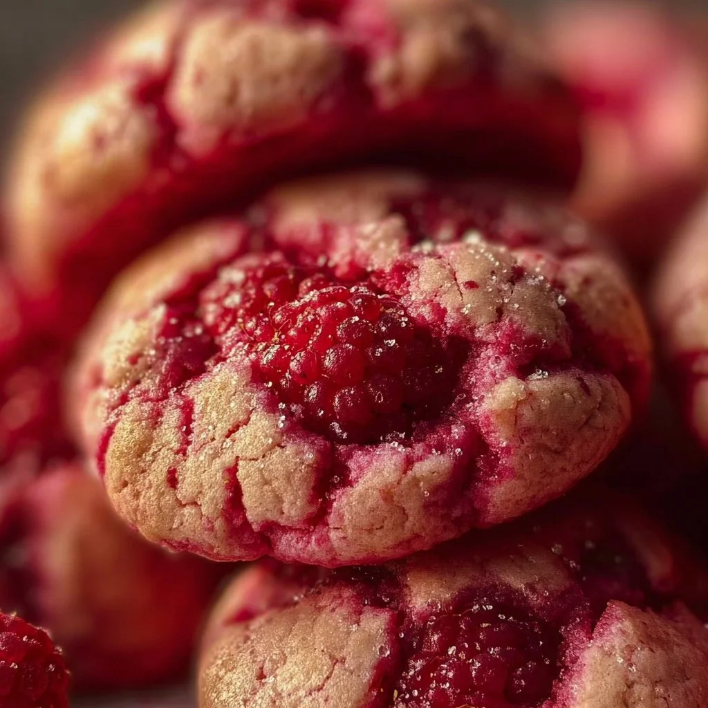 Freshly baked raspberry cookies with a vibrant red fruit filling