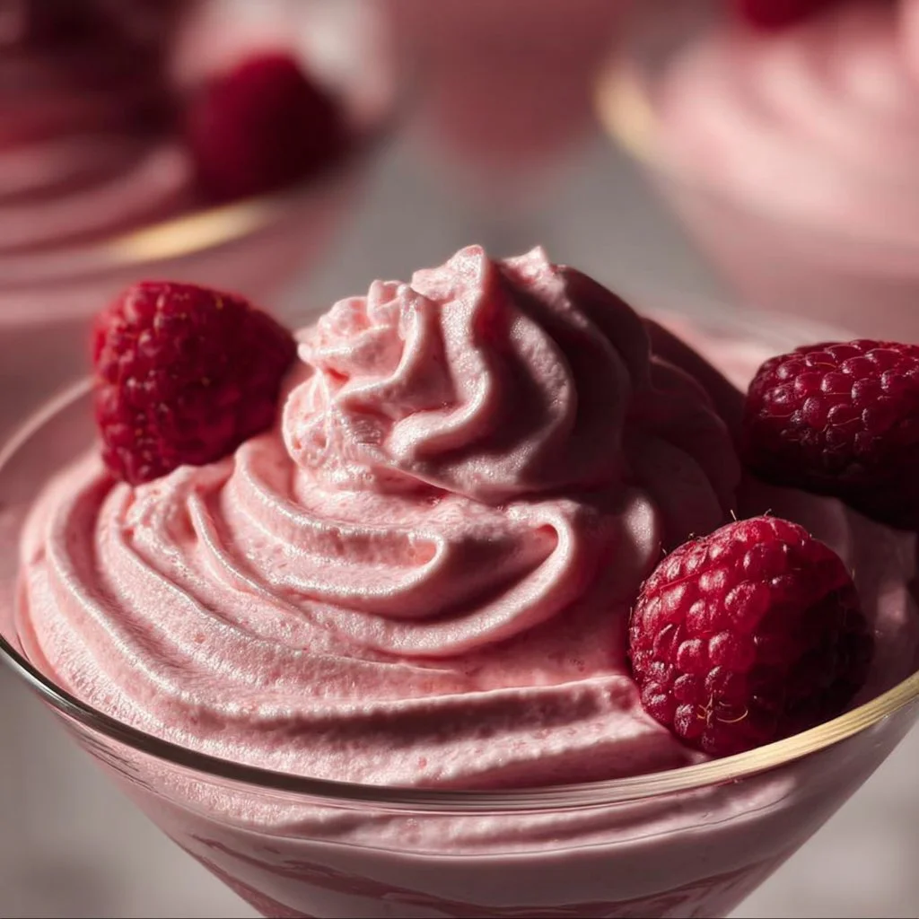 Delicious raspberry mousse dessert topped with fresh raspberries