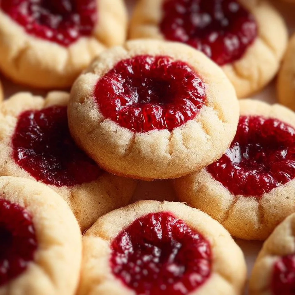 Homemade Raspberry Thumbprint Cookies topped with raspberry jam