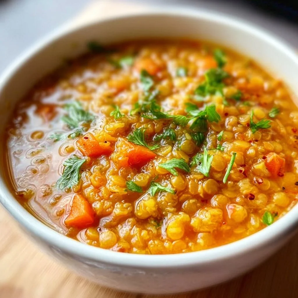 Bowl of steaming red lentil soup garnished with herbs and spices