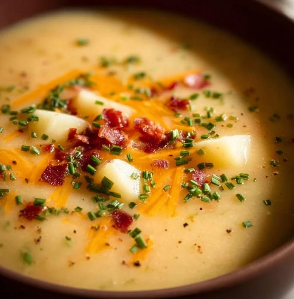 Bowl of creamy red potato soup garnished with herbs and spices