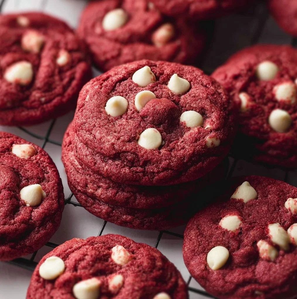 Red velvet cookies with white chocolate chips, inspired by classic red velvet cake