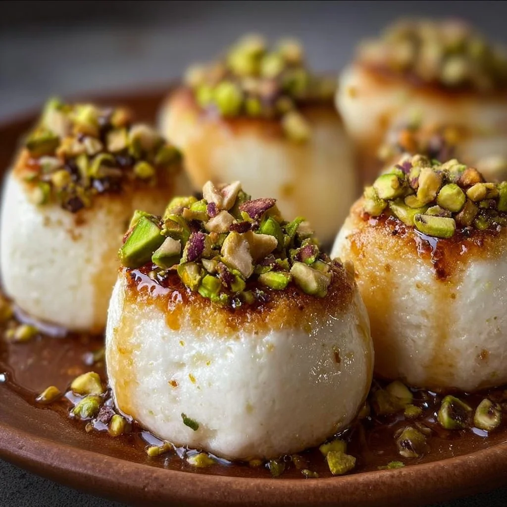 Delicious Ricotta Pistachio Honey Bites served on a platter with fresh seasonal fruits.