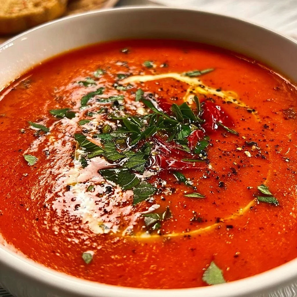 Bowl of roasted red pepper soup garnished with herbs and served with crusty bread.