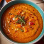 Bowl of roasted vegetable soup garnished with herbs