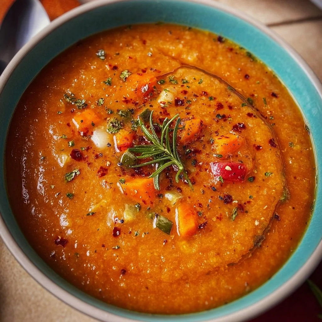 Bowl of roasted vegetable soup garnished with herbs