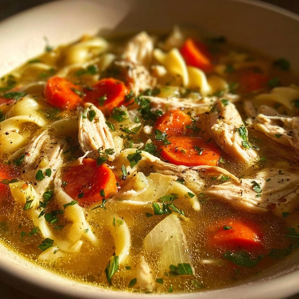Bowl of homemade rotisserie chicken noodle soup garnished with herbs