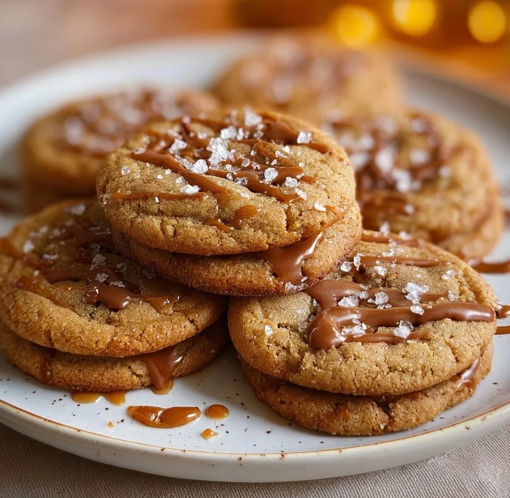 Freshly baked Salted Caramel Cookies with a sprinkle of sea salt on top.