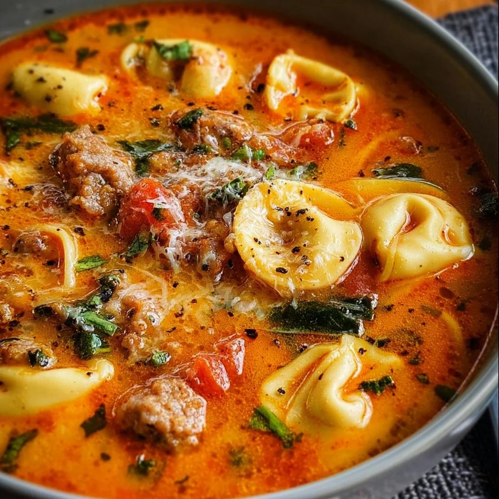 Bowl of Sausage Tortellini Soup with fresh herbs and vegetables