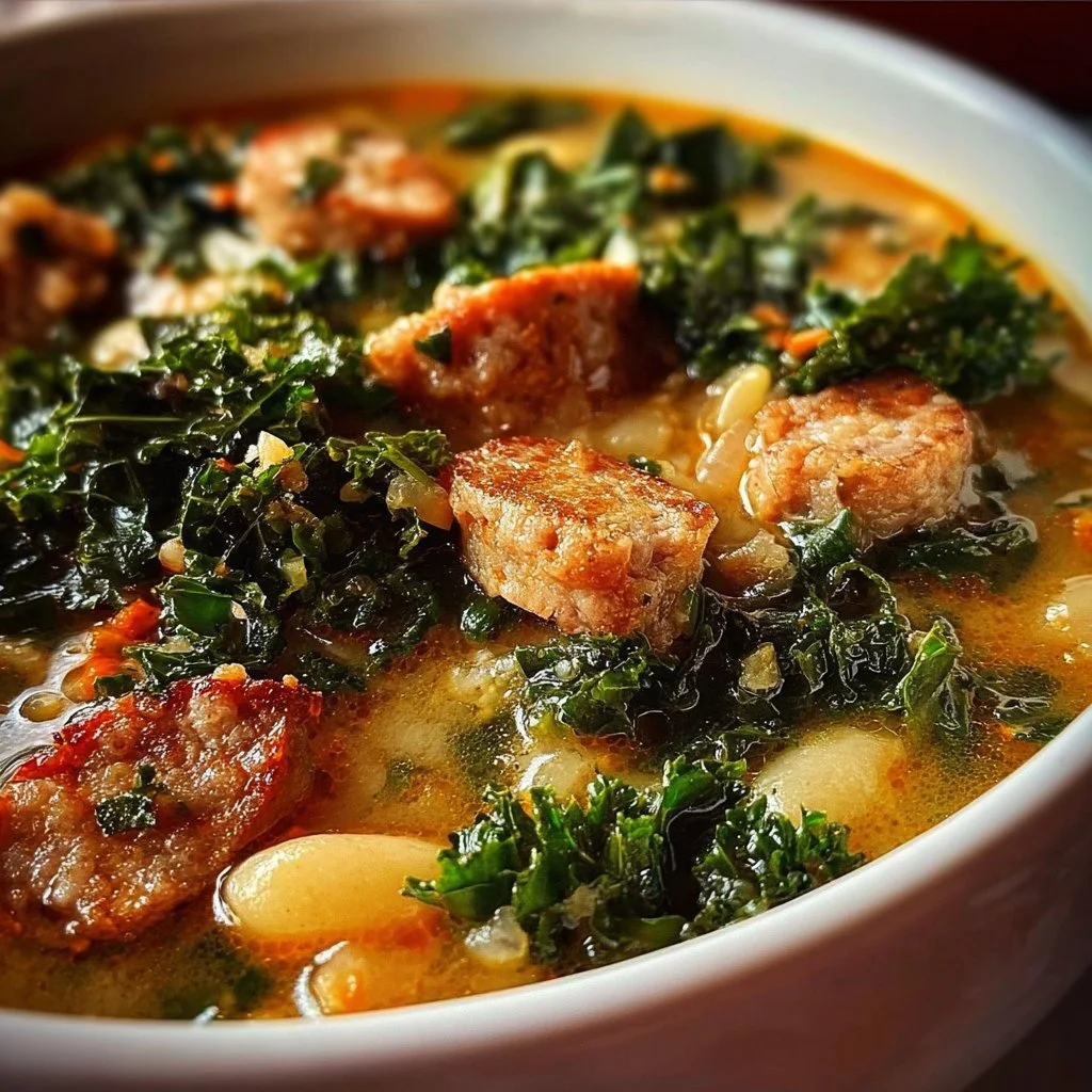 A bowl of hearty sausage kale soup filled with sausage, kale, and vegetables.