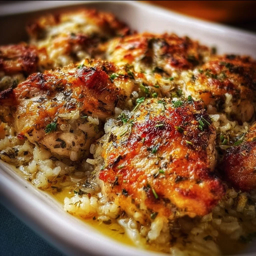 Savory baked herb chicken casserole topped with fresh herbs and breadcrumbs