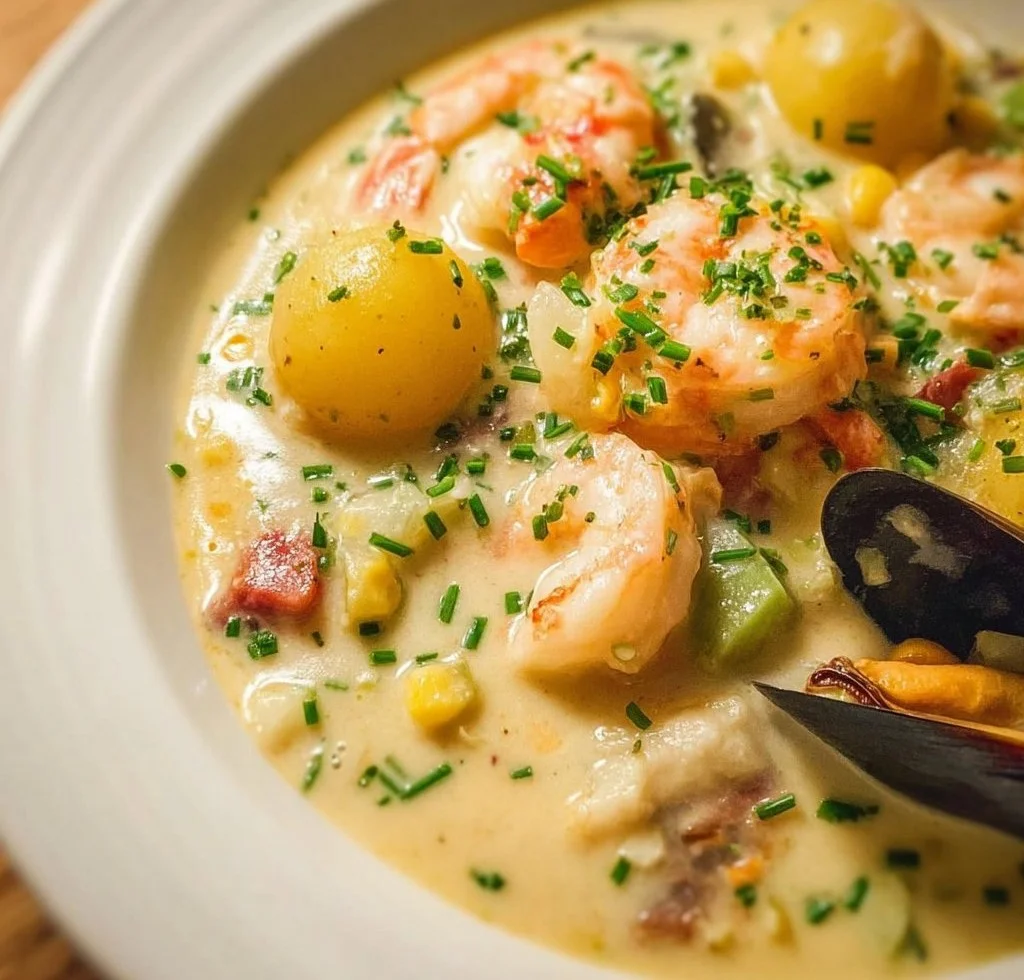 Bowl of creamy seafood chowder topped with herbs and seafood ingredients