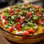 Seven Layer Mexican Dip featuring beans, guacamole, salsa, cheese, and more