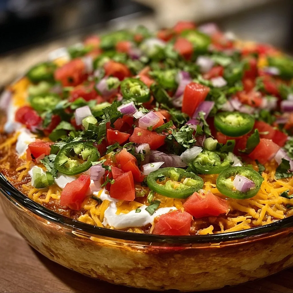 Seven Layer Mexican Dip featuring beans, guacamole, salsa, cheese, and more