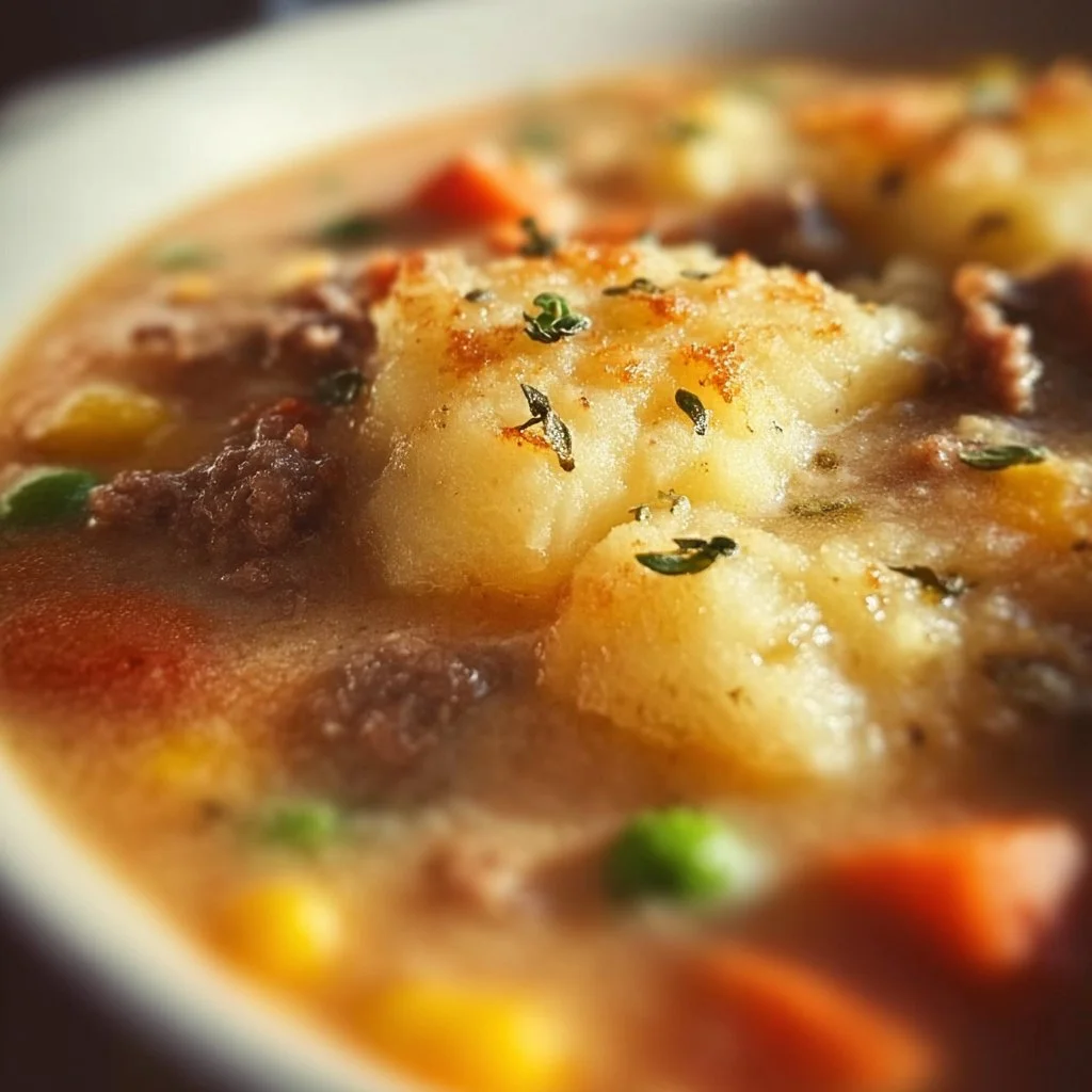 Bowl of Shepherd's Pie Soup with toppings, showcasing hearty ingredients.