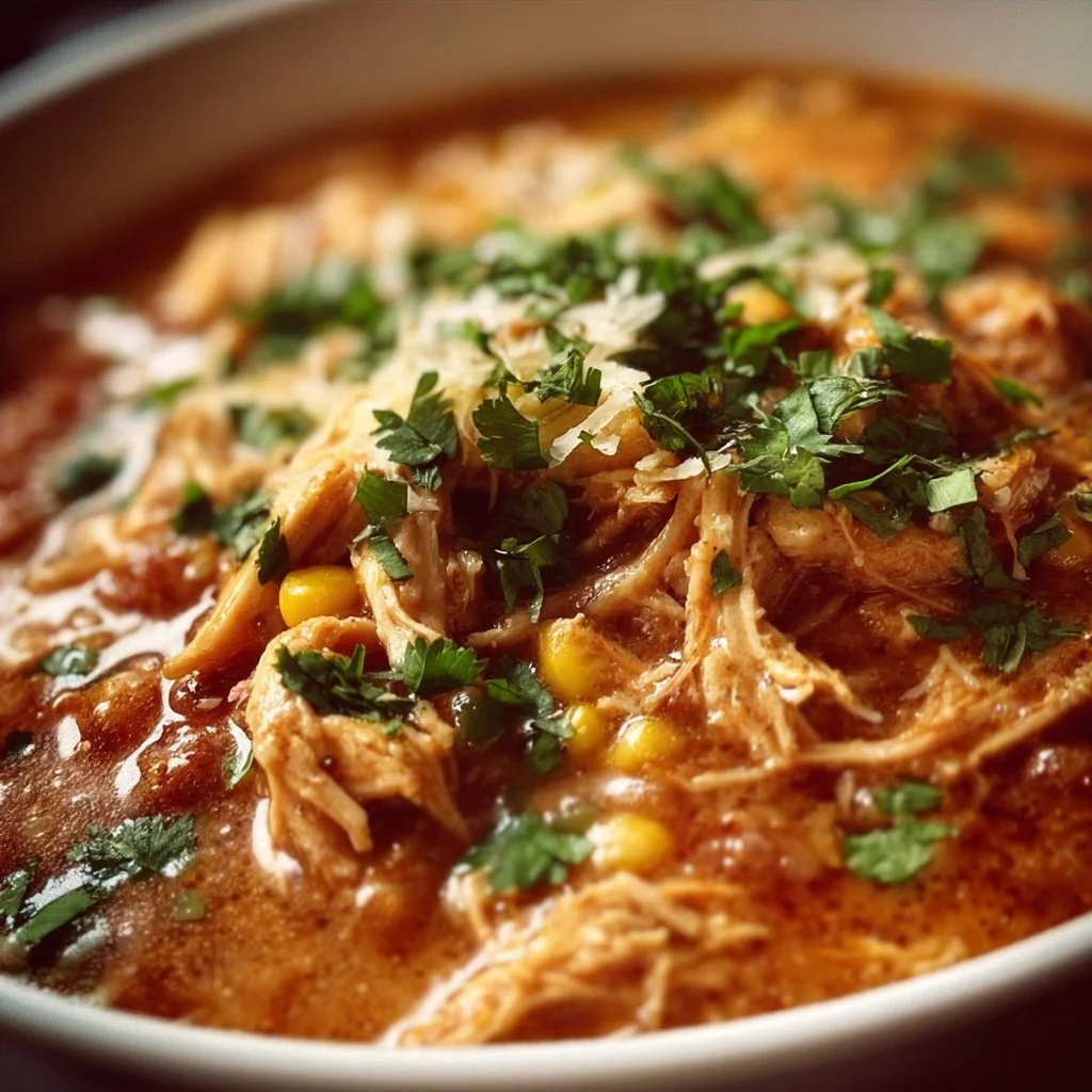 Bowl of shredded chicken chili topped with cilantro and avocado