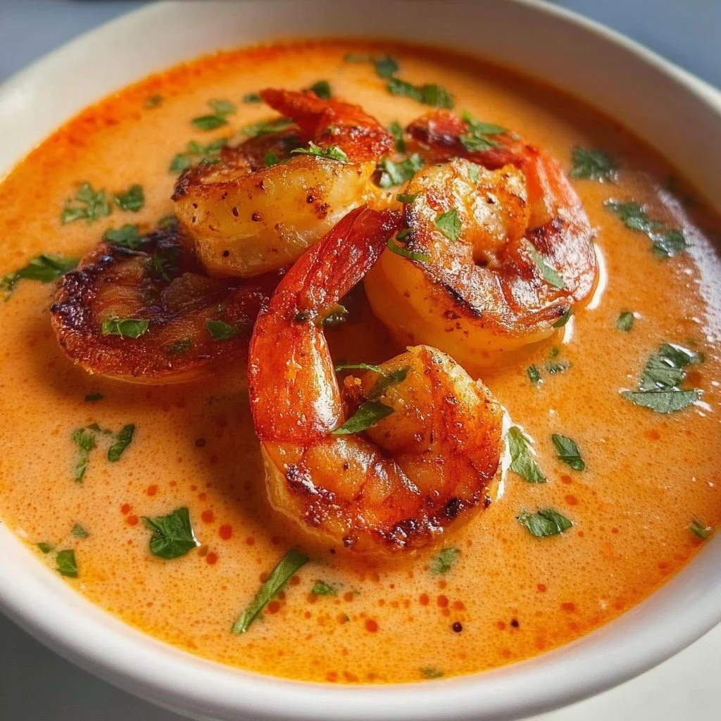 A bowl of creamy shrimp bisque garnished with herbs and seafood
