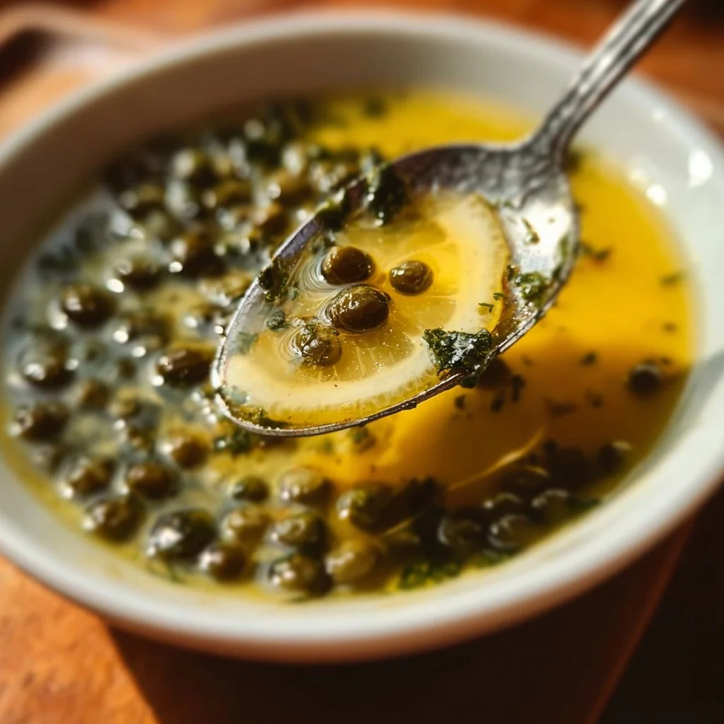 A vibrant bowl of simple lemon caper sauce with sprigs of fresh parsley.
