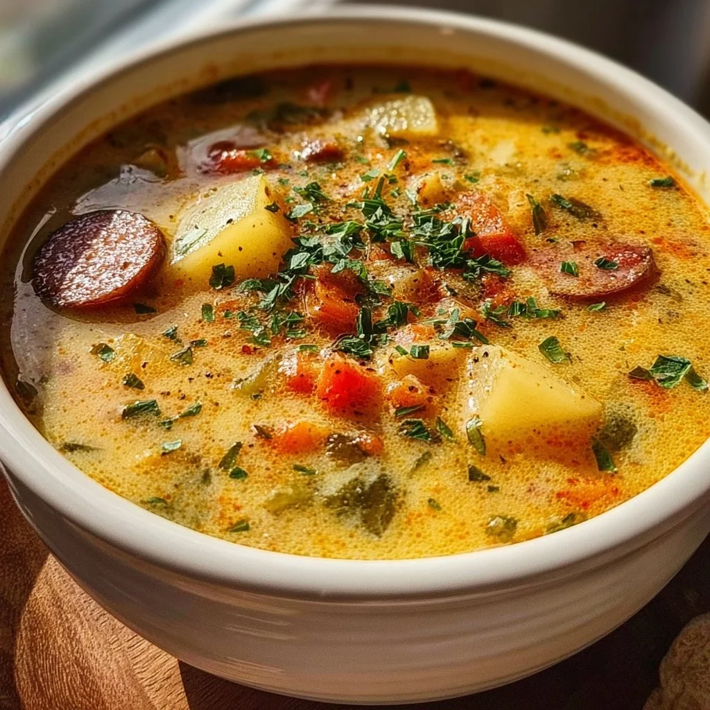 Bowl of Slow Cooker Cajun Potato Soup with fresh herbs and spices