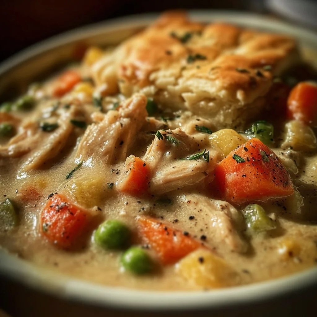 Slow cooker chicken pot pie served in a bowl with vegetables and flaky crust