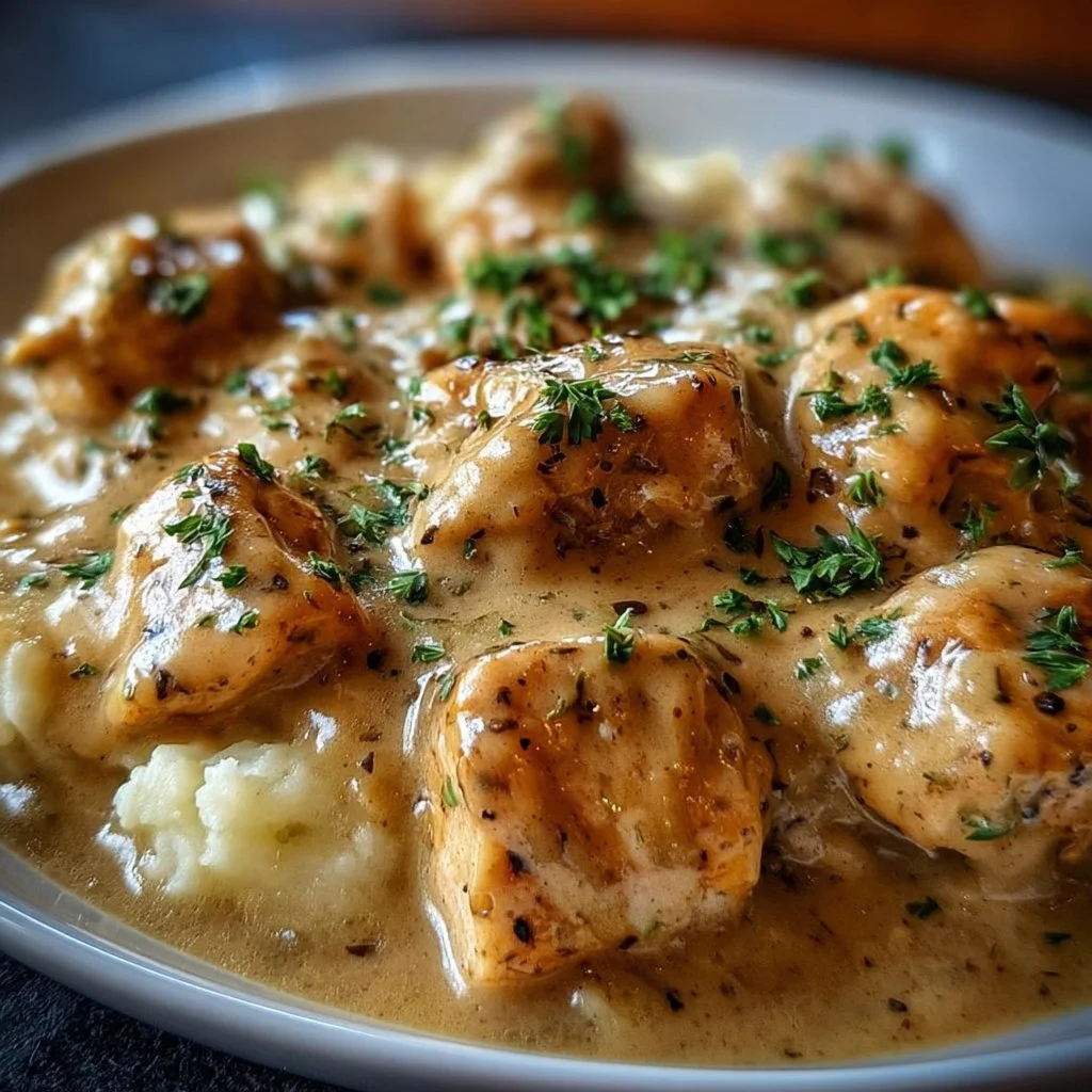 Delicious slow cooker creamy chicken and gravy dish served in a bowl