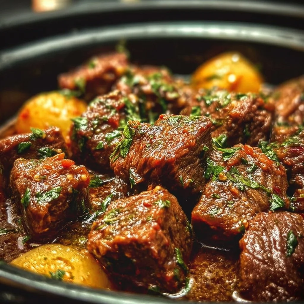Delicious slow cooker garlic butter beef served with sides.