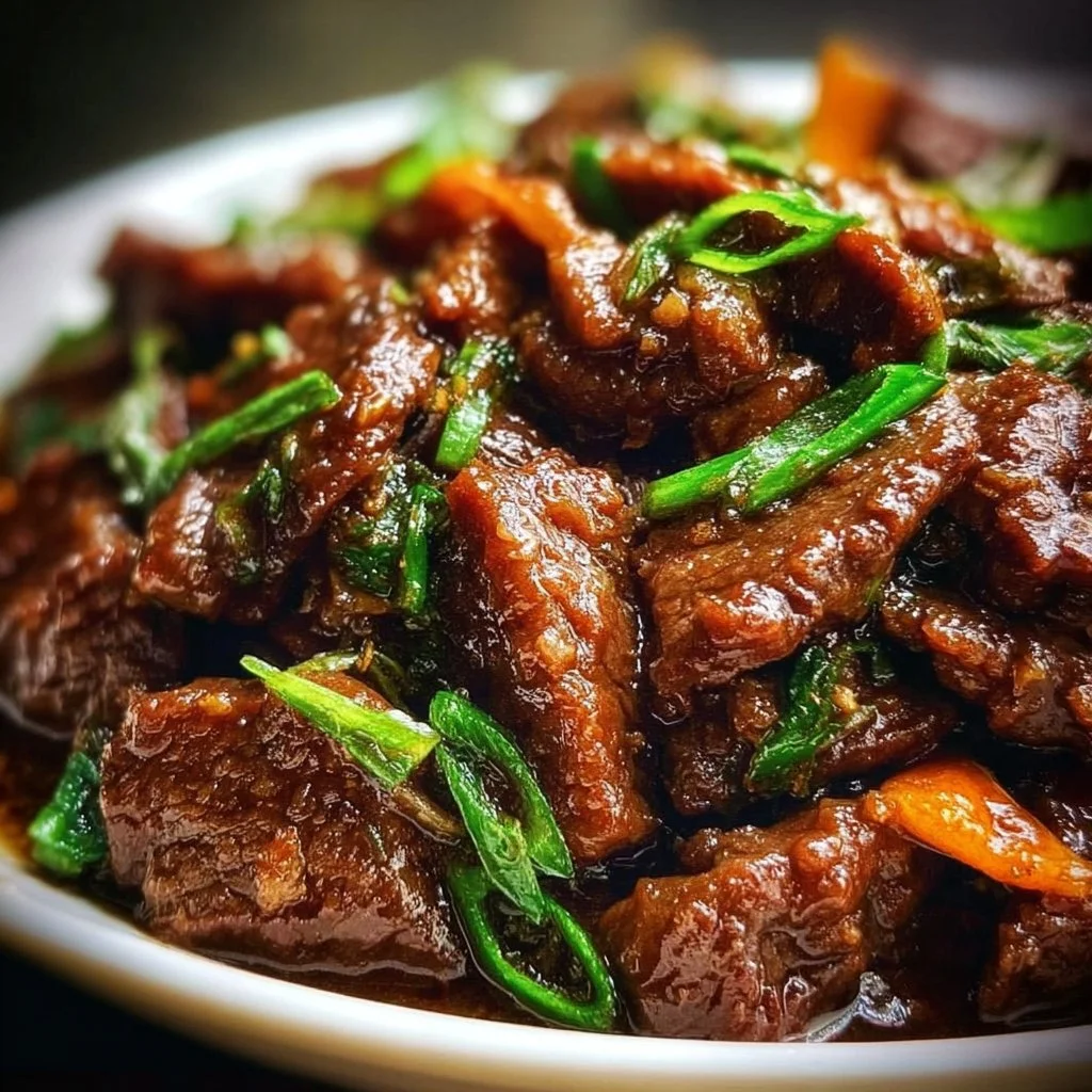 Delicious Slow Cooker Mongolian Beef served with rice and vegetables.