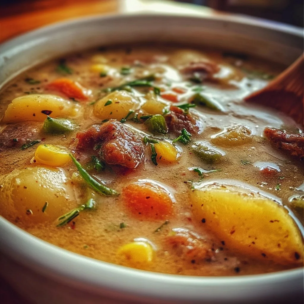 Slow cooker beef soup with potatoes and herbs in a bowl.