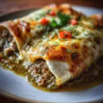 Delicious smothered green chili burritos topped with flavorful sauce.