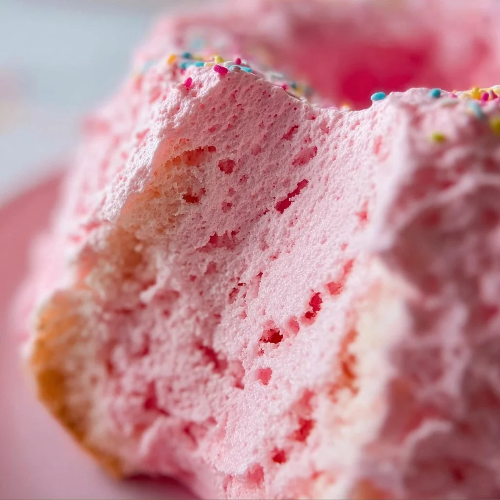 Soft Pink Angel Food Cake topped with delicate frosting and fresh berries