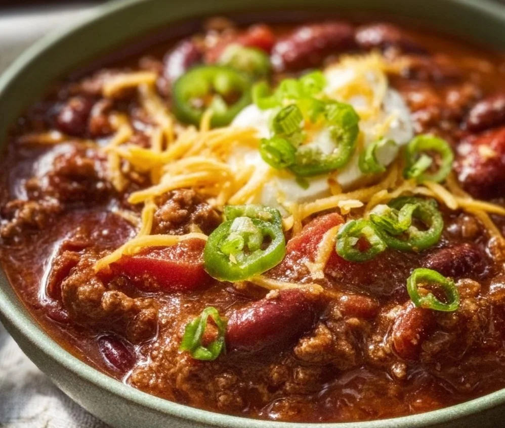 Delicious bowl of Southern chili topped with cheese and cilantro.