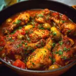Spanish chicken drumsticks stew in a bowl with fresh herbs and spices.