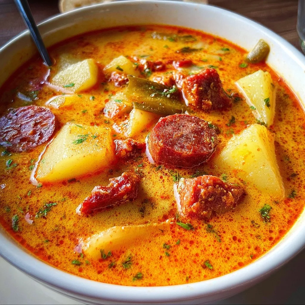 Bowl of Spanish Potato Soup with Chorizo garnished with fresh herbs