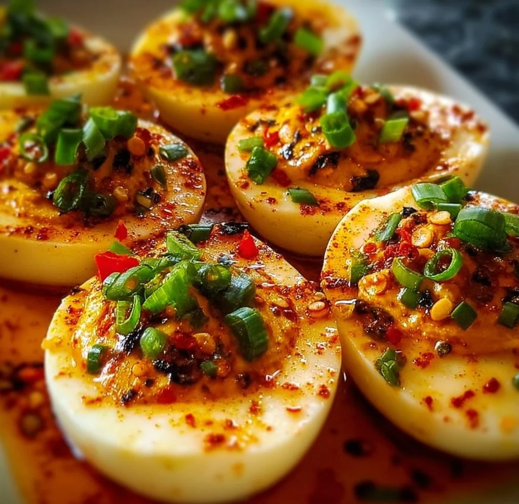 Spicy Chili Garlic Deviled Eggs garnished with herbs and chili flakes