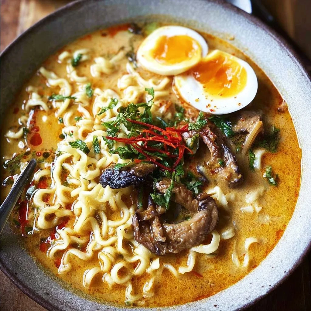 Bowl of spicy coconut curry ramen topped with fresh herbs and vegetables