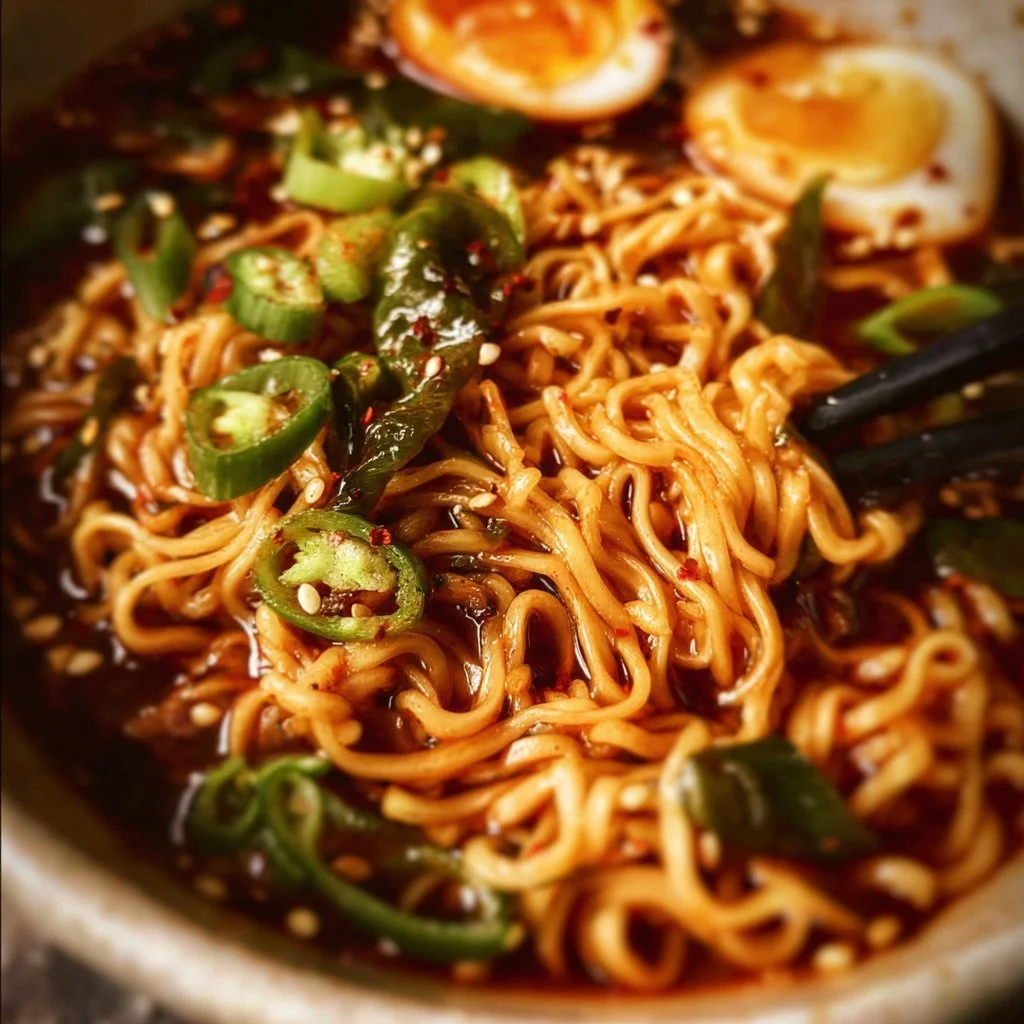 Bowl of spicy ramen noodles garnished with vegetables and egg