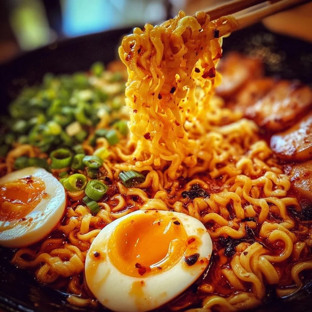 Delicious bowl of spicy ramen noodles garnished with green onions and chili oil