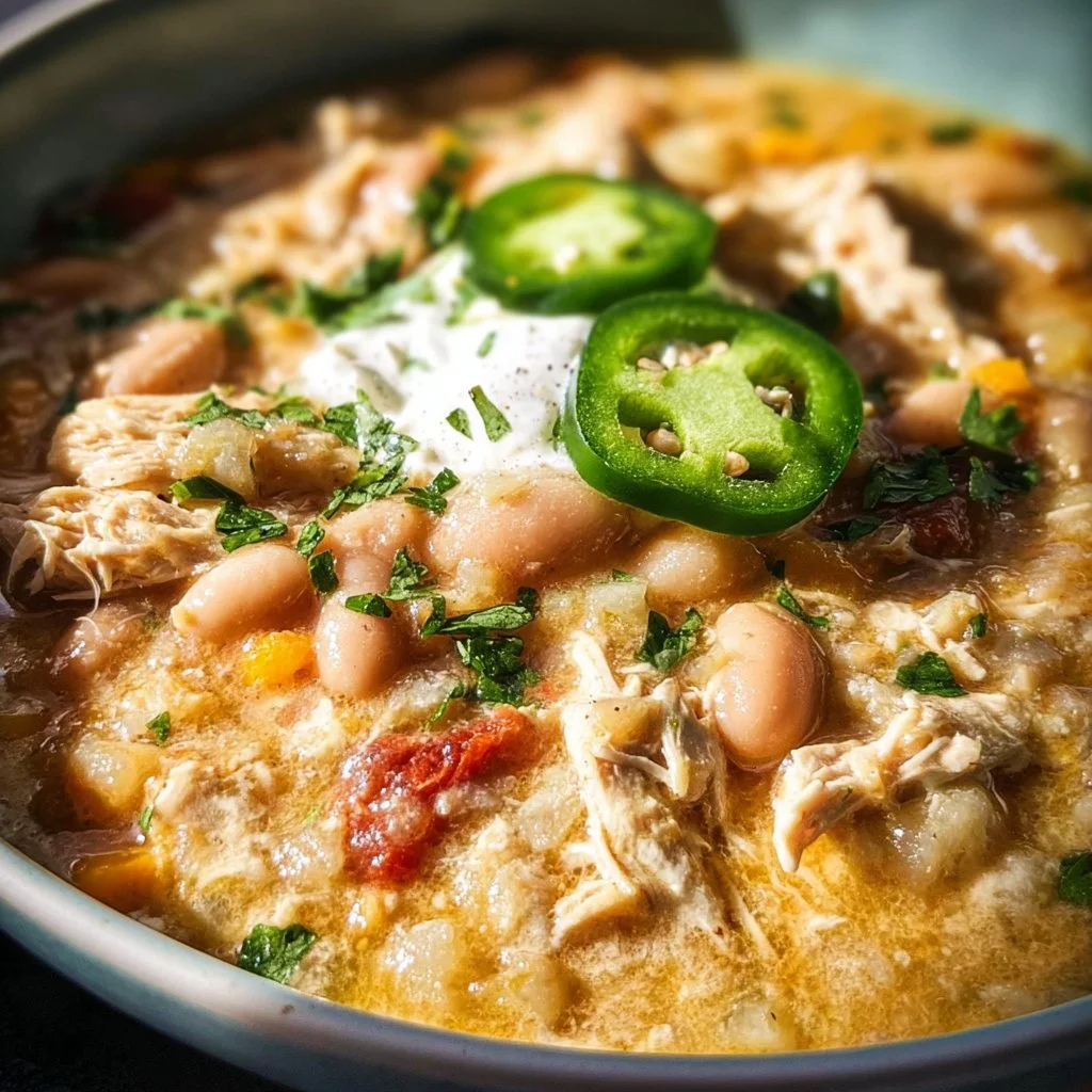 Bowl of spicy white chicken chili topped with cilantro and jalapeños