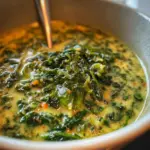 Bowl of fresh and vibrant spinach soup garnished with herbs