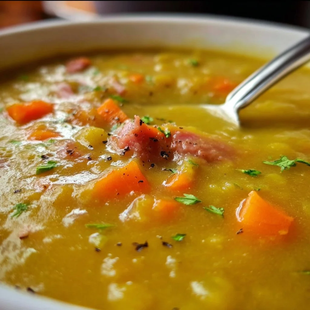 Bowl of warm split pea soup garnished with fresh herbs