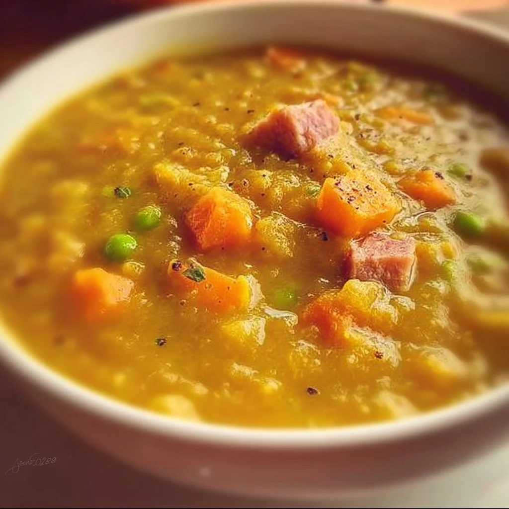 Bowl of homemade split pea soup with vegetables and spices