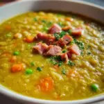 Bowl of delicious Split Pea Soup with Ham garnished with herbs.
