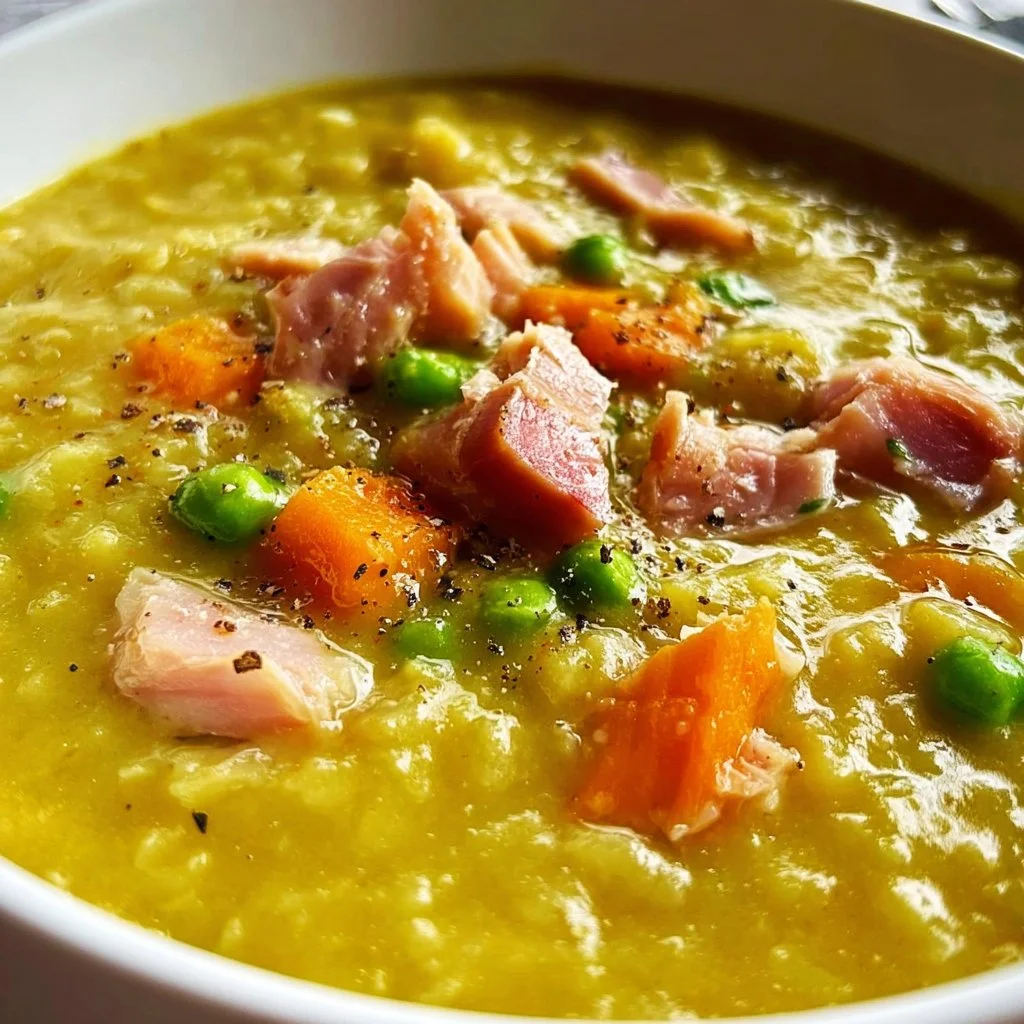 Delicious bowl of split pea soup with ham bone, garnished with fresh herbs.