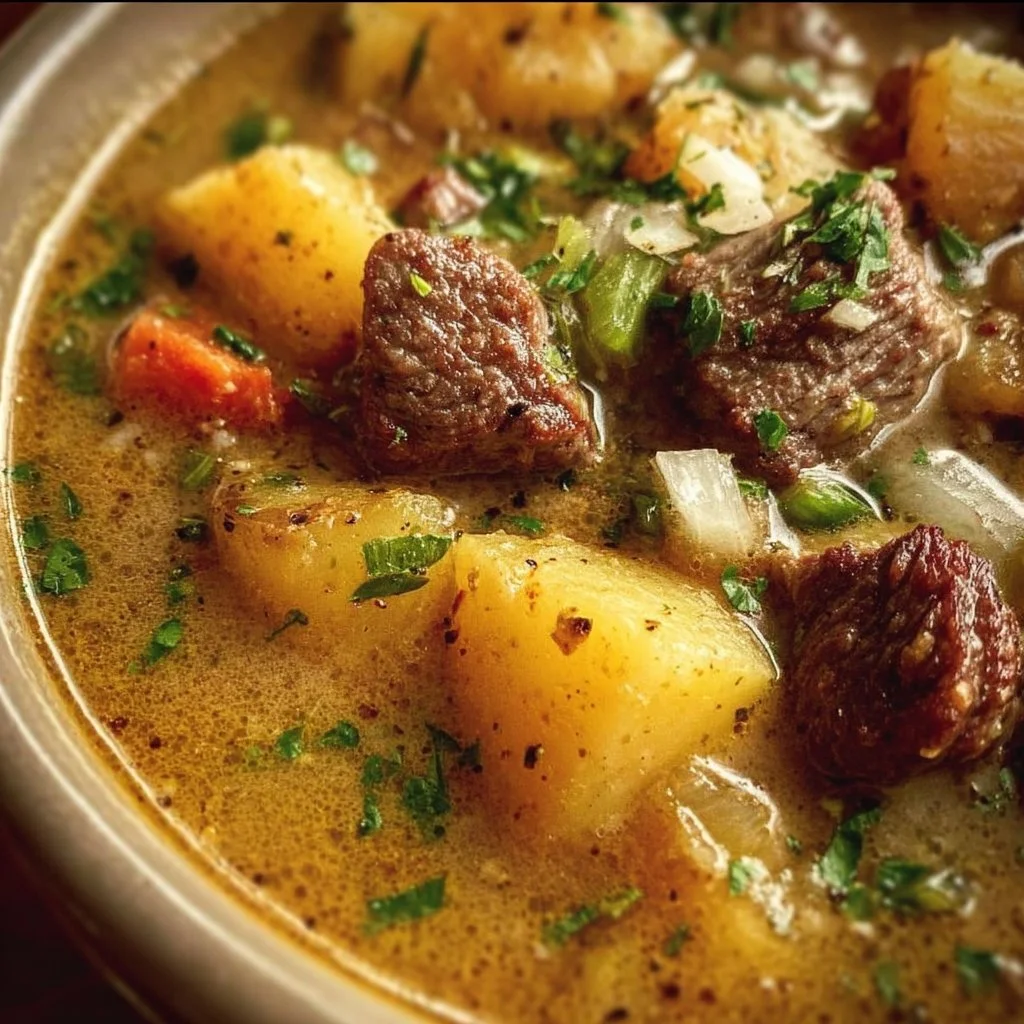 Delicious steak potato soup served in a bowl with fresh herbs.