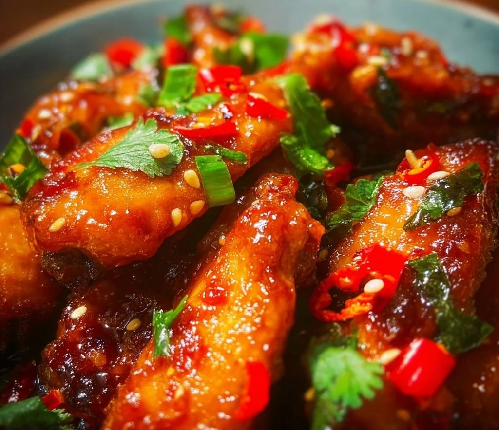 Sticky Thai Sweet Chili Chicken Wings garnished with sesame seeds and herbs