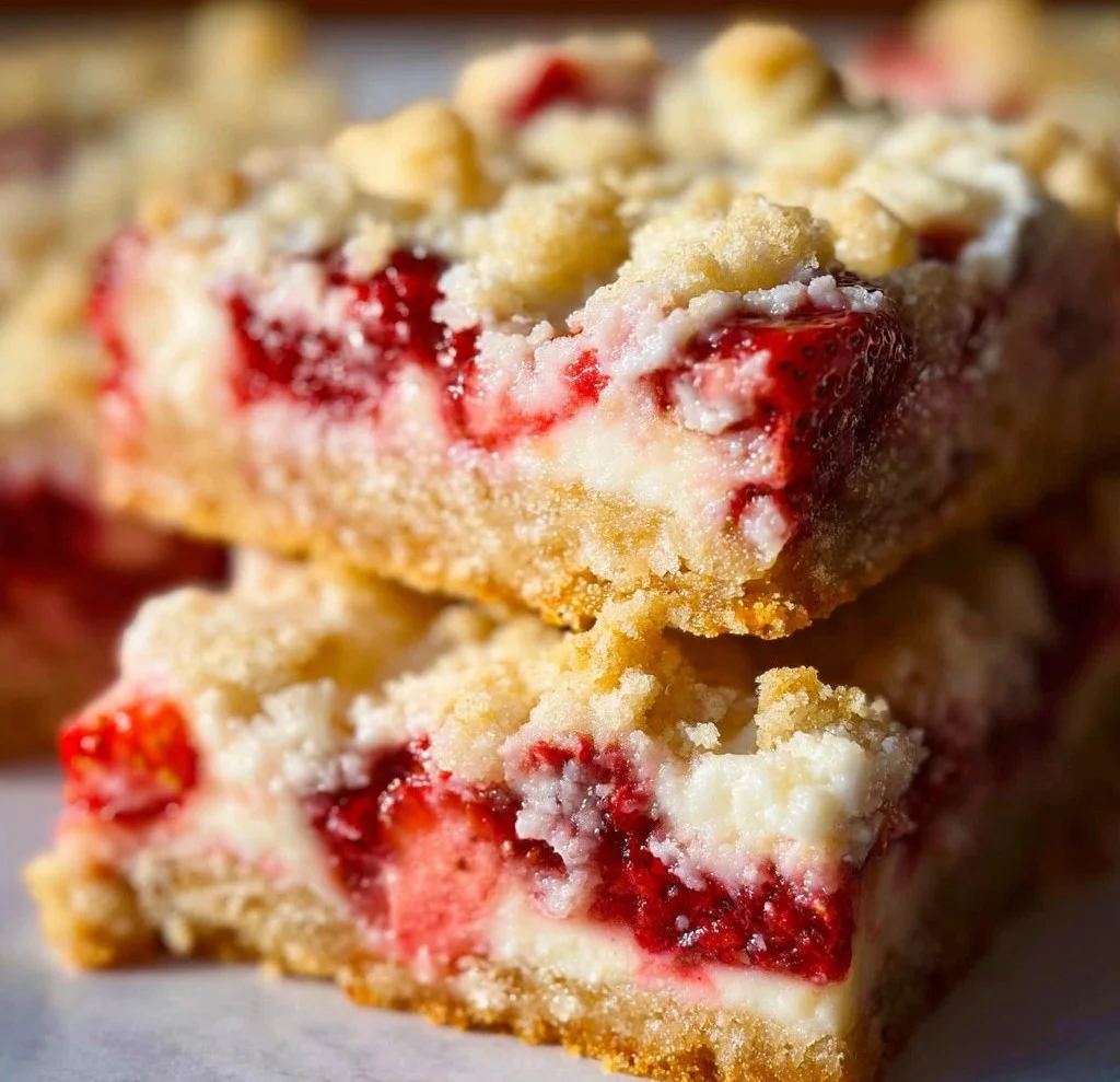Delicious strawberries and cream cheese crumble bars topped with a golden crumble.