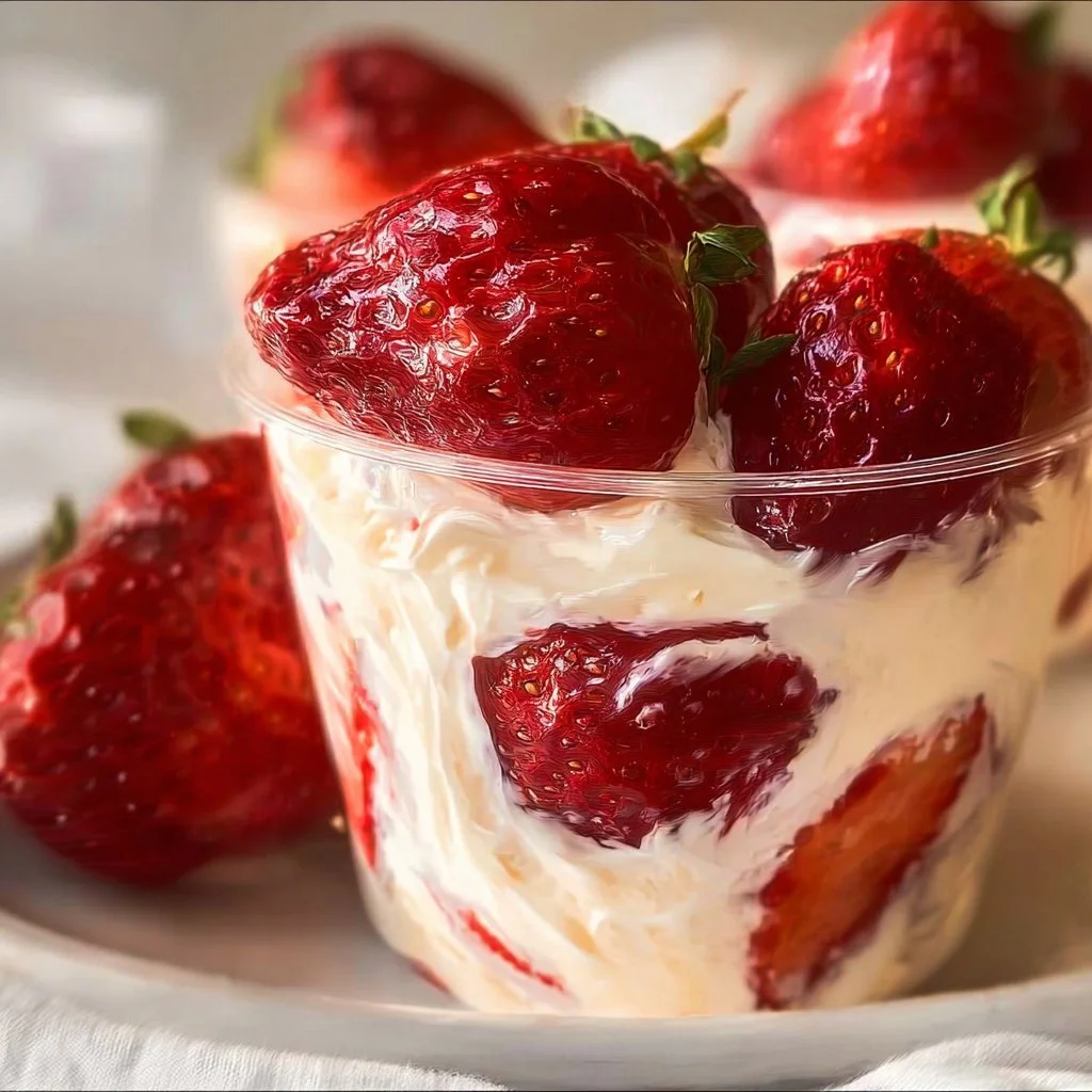 Fresh strawberries topped with creamy whipped cream for a delightful dessert