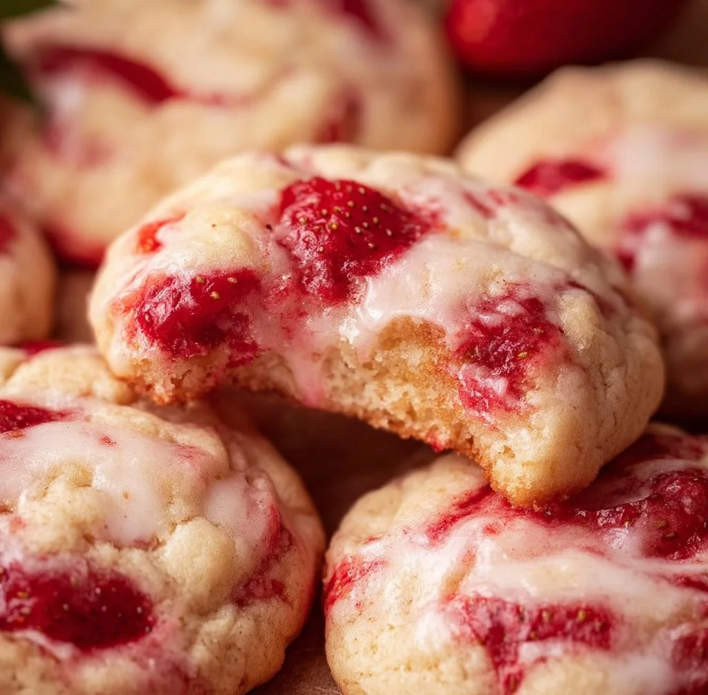 Freshly baked strawberry cheesecake cookies on a rustic wooden table.